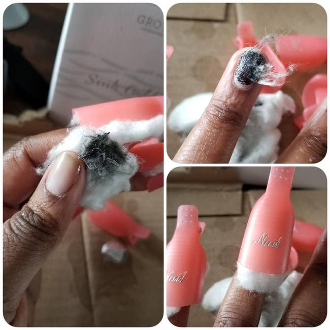 three photos: 1) reviewer wearing pink nail polish removal clips, 2) reviewer after taking off the nail clips and there are bits of cotton stuck to their nail polish, and 3) the same nails with all the polish gone