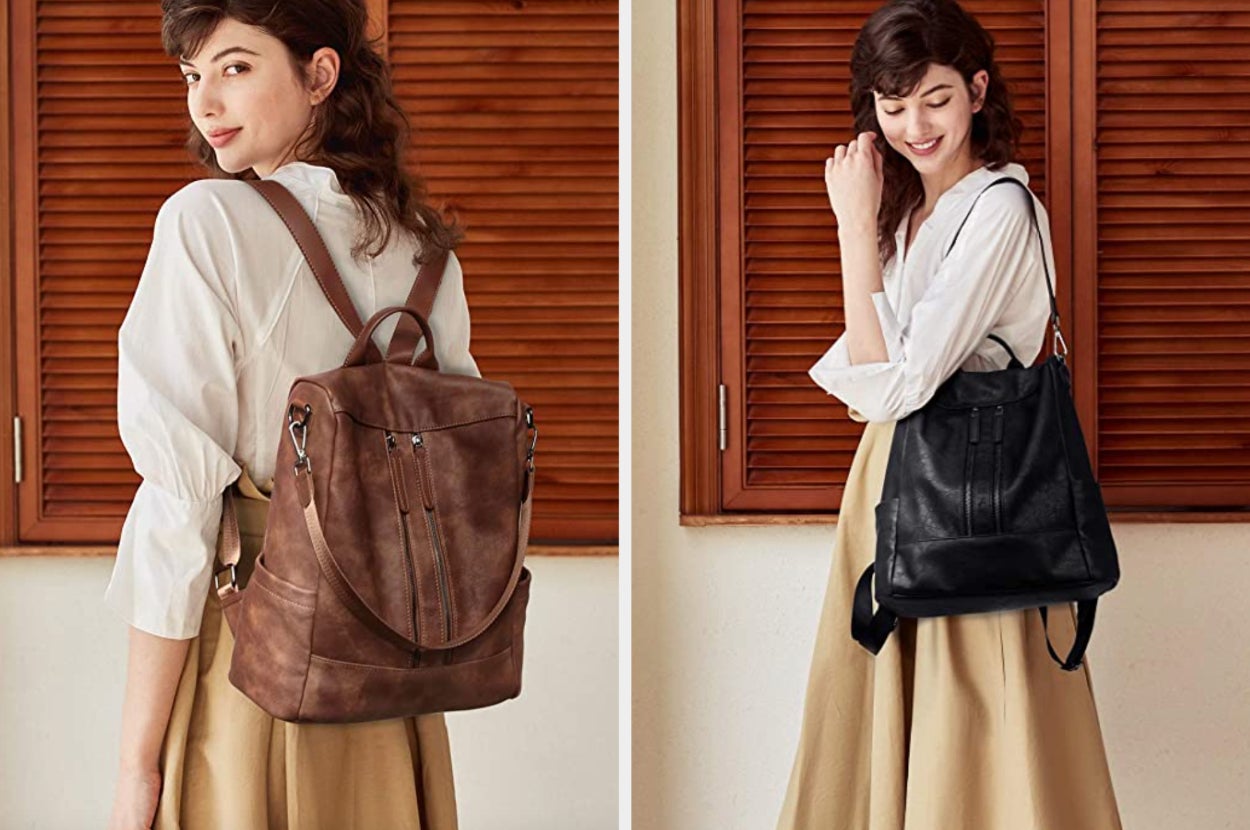 Model wearing a brown faux leather zippered backpack, then wearing the black version of it as a handbag 