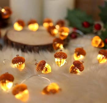 strand of acorn string lights on a furry rug