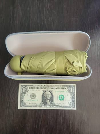 Folded umbrella in a compact case next to a one-dollar bill for size comparison, on a wooden surface