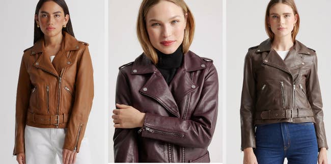 Three images of models wearing brown, purple, and dark brown jackets