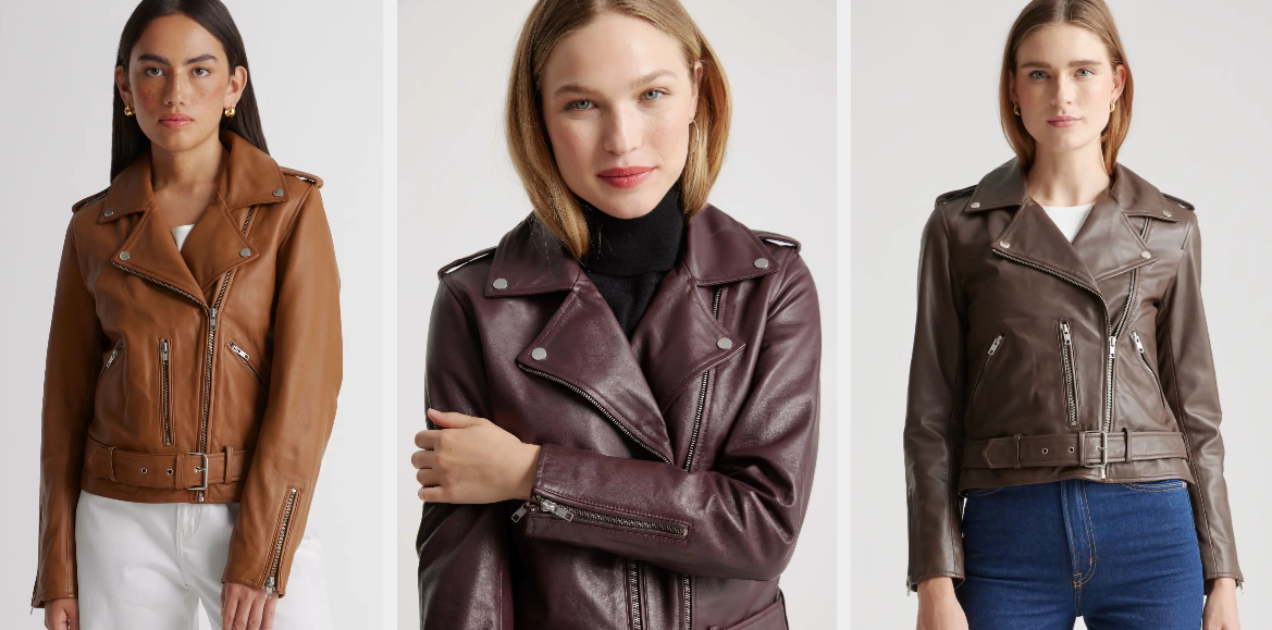 Three images of models wearing brown, purple, and dark brown jackets