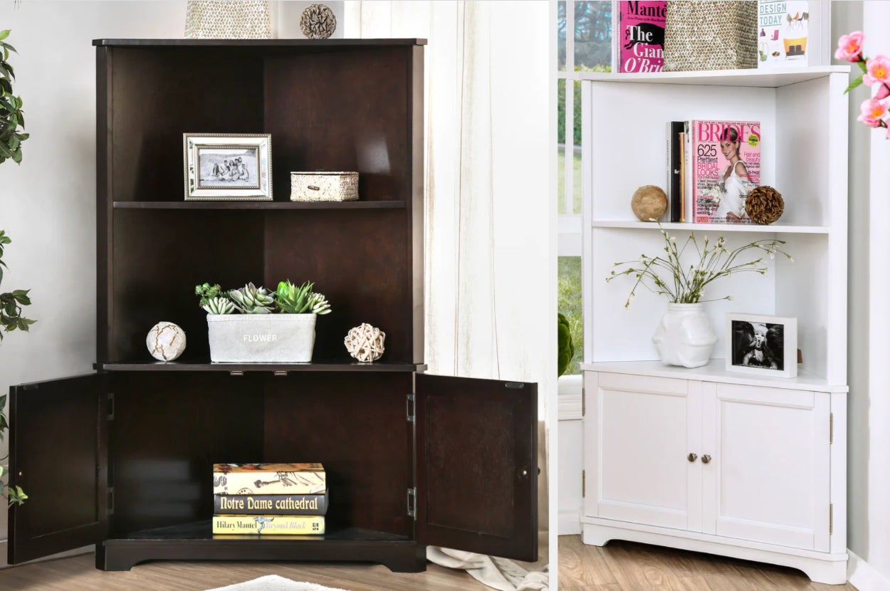 Brown corner bookshelf with doors open and books and plants on display, product in white with doors closed