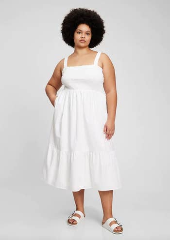 model wearing smocked white tank dress