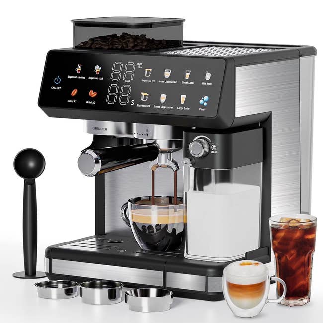 Espresso instrumentality with interaction surface menu, beans connected top, and beverage frother. Includes accessories for making java drinks similar lattes and iced coffee