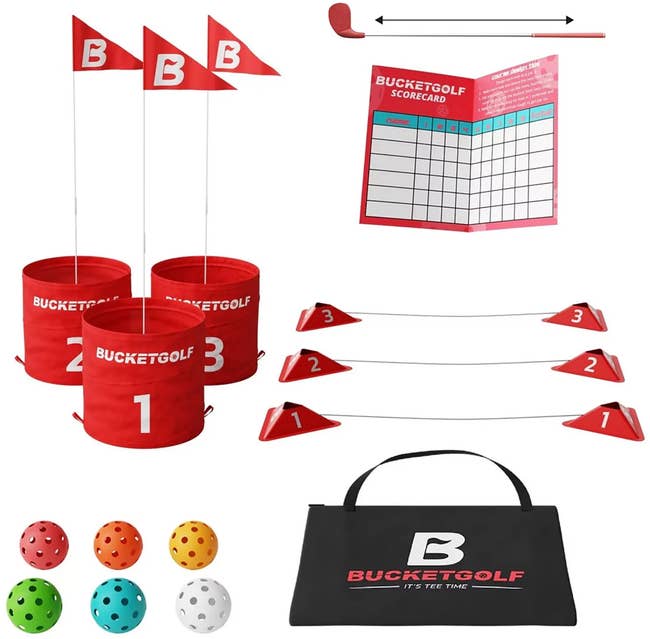 BucketGolf game set with target buckets, colored balls, scorecard, and carrying bag
