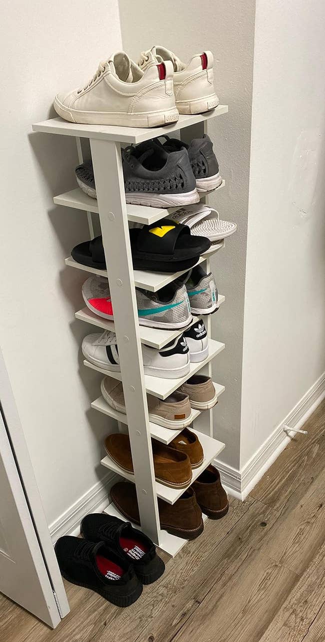 a reviewer photograph of the footwear operation loaded up with sneakers