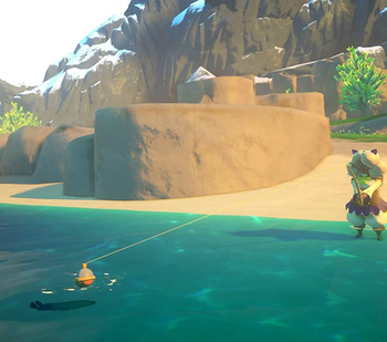a screenshot from the game showing a character fishing on the beach 