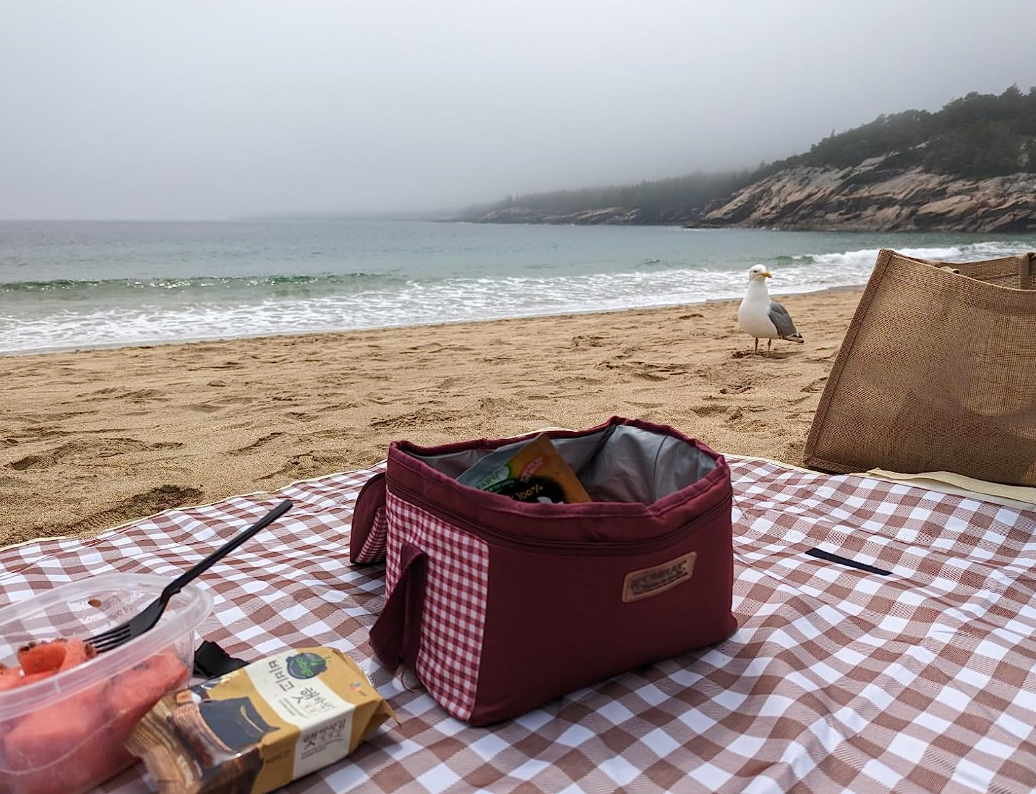 A brown and white gingham picnic blanket on a beach 