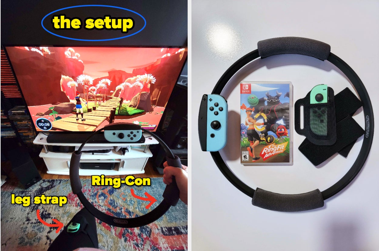 the ring fit adventure set with the knee strap and ring-con attached, with the game on a tv in the background / the physical game box, ring-con, and knee strap