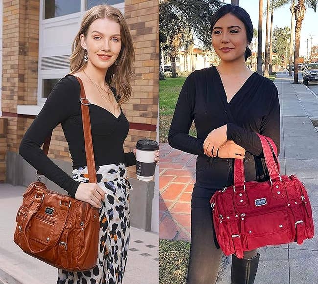 Two models showcasing different styles of a mini duffle bag: one in brown and one in red