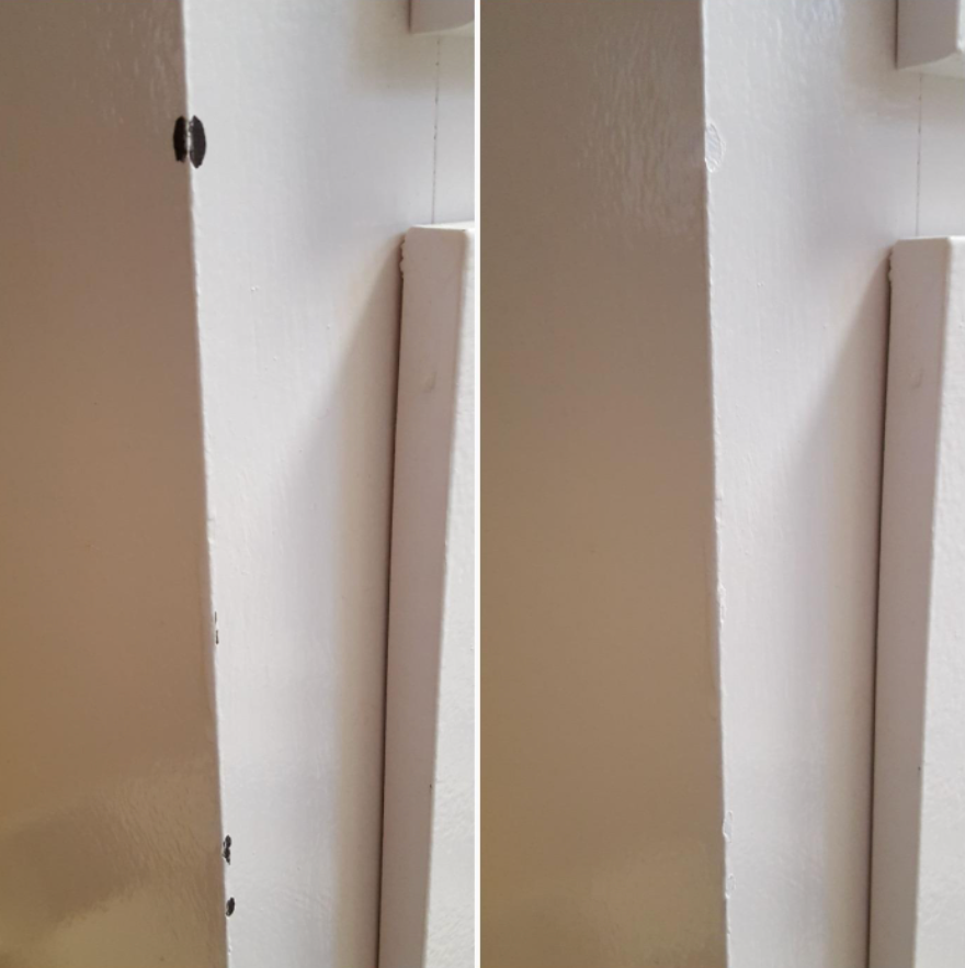 A reviewer's chipped wall before applying the product / A reviewer's fully repaired wall after using the pain