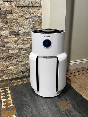 Shark aerial purifier lasting connected a woody level beside a textured wall, featuring a integer show connected the front