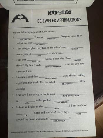 A Mad Libs page titled 