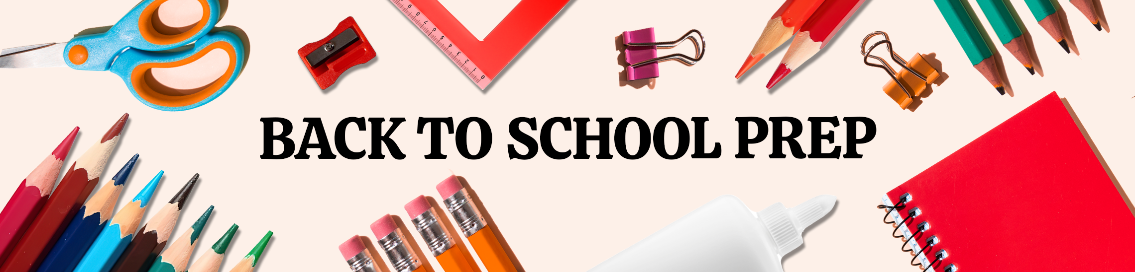 School supplies on a seamless background with copy overlay reading 