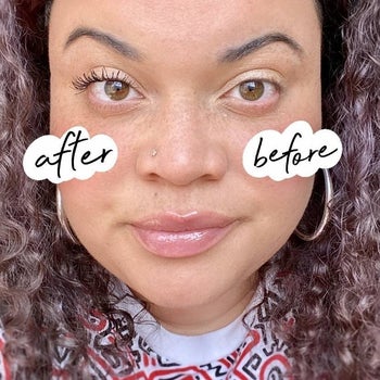 BuzzFeed editor showing one eye with no mascara and the other with mascara looking much more voluminous and full