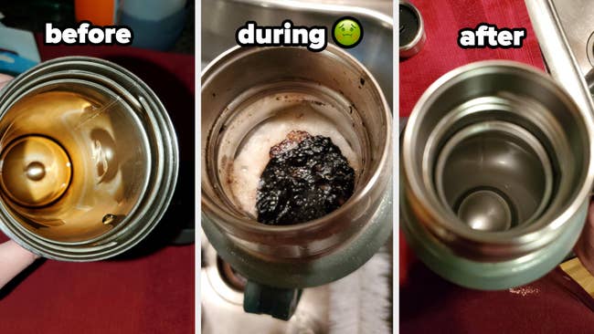 reviewer's 3  progression photos showing a stained soiled  bottle, the fizzy tablet working, and a sparkling cleanable  bottle