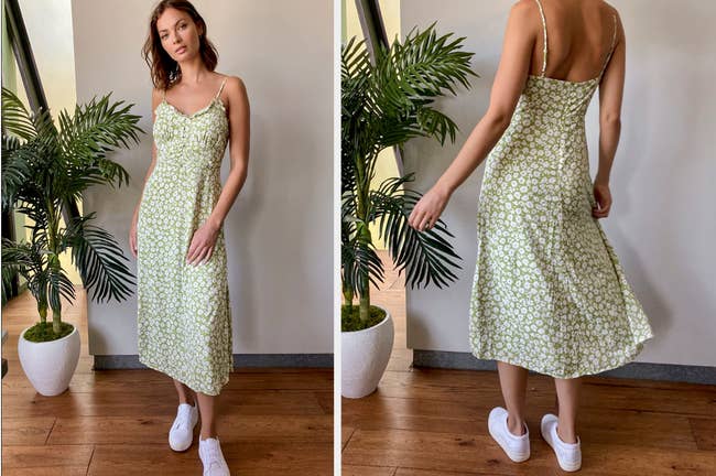 Front and back view of model wearing sage green floral and white midi dress