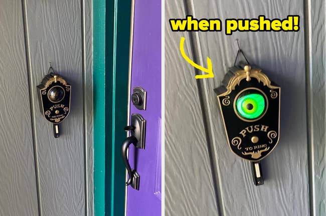 the haunted doorbell next to a door, and a closeup of the doorbell's green eye that opens when pushed
