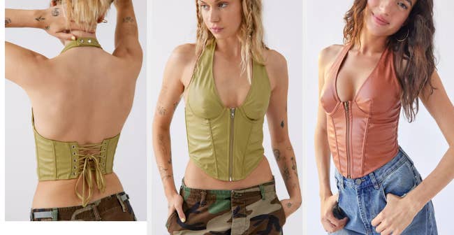 Three images of models wearing green and orange tops