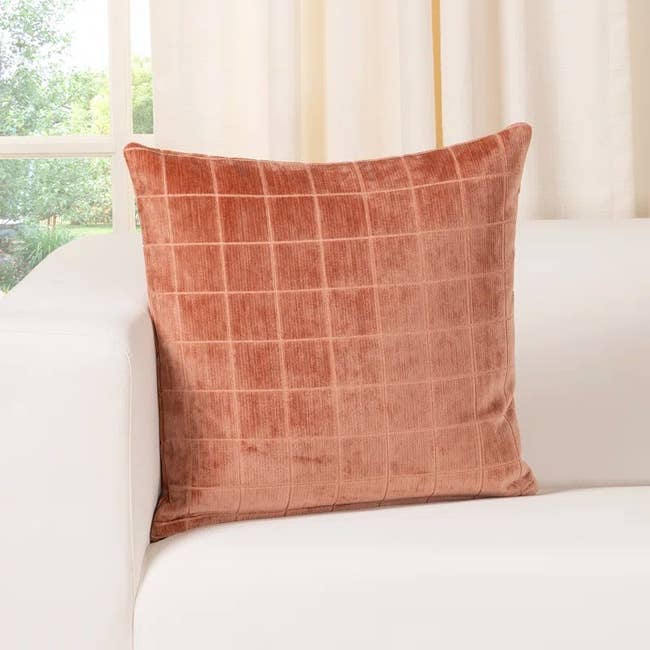 Square throw pillow on a white sofa in a light-filled room with large windows