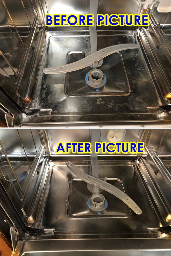 before/after of a dirty looking dishwasher that's been cleaned using one of the tablets