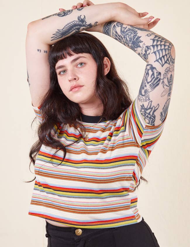 Model wearing the cropped multi-colored striped t-shirt