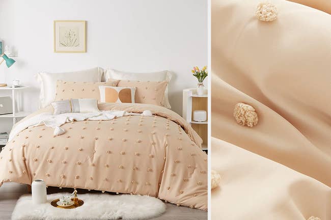 Khaki tufted pom pom comforter with matching pillows over a white fur rug, close up of comforter material with tufted pom poms