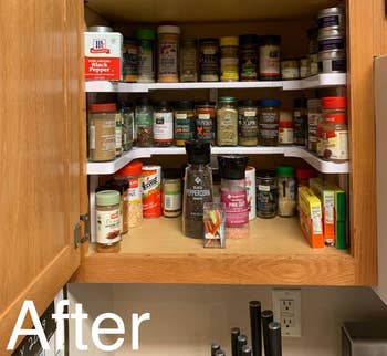 Kitchen cabinet organized with various spices and cooking ingredients, labeled 'After' for a transformation