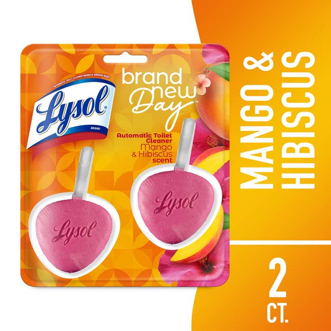 Lysol Brand New Day Toilet Cleaner successful  mango and hibiscus scent packaging with 2  heart-shaped cleaners shown