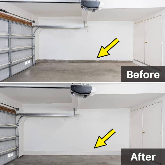 top: before photo of garage without any baseboard trim / bottom: after with a clean, white trim installed 