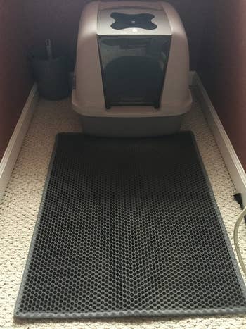 reviewer image of the mat in front of a cat litter box