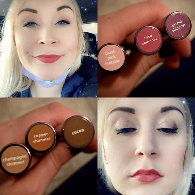 a reviewer showing various shades of the eyeshadow and how it looks on her eyelids