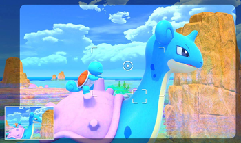 a screenshot from the game showing a Pokemon a shown through a camera lens 