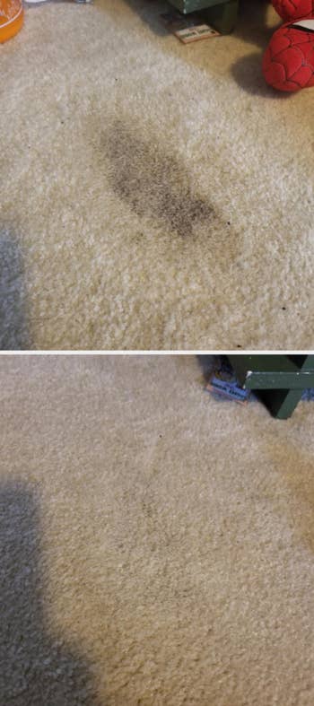 reviewer's before and after of a dirty carpet