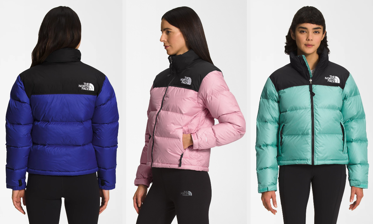 Three images of models wearing blue and pink jackets