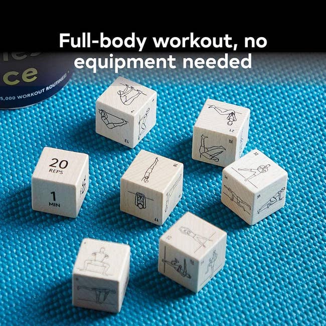 dice rolled out on mat with different exercises, reps, and time