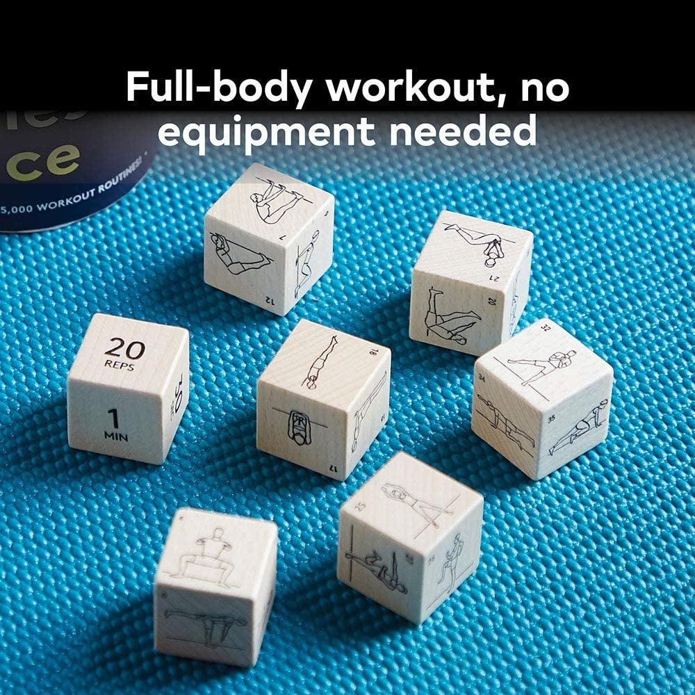 dice rolled out on mat with different exercises, reps, and time