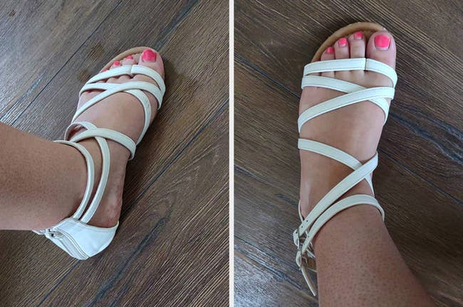 Reviewer image of person wearing white strappy gladiator sandals on hardwood floor