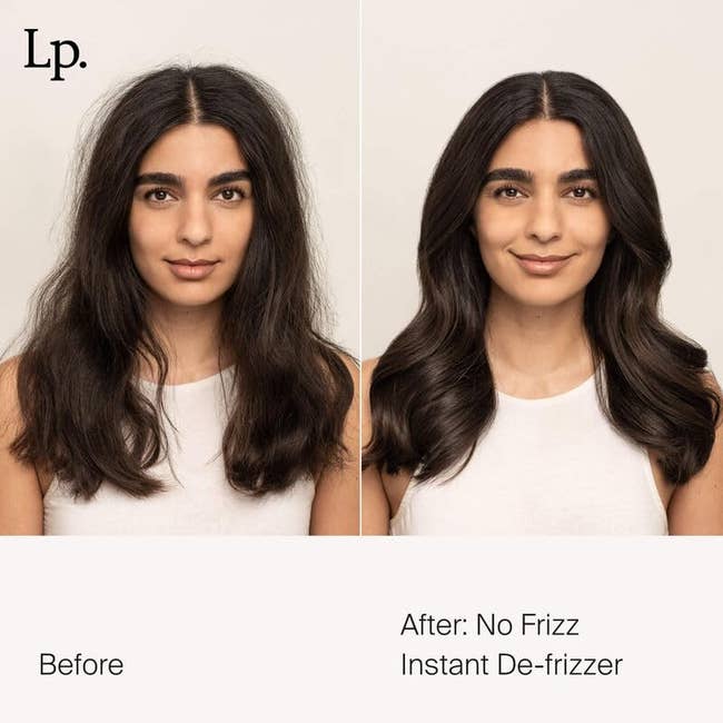 A person before and after using No Frizz Instant De-Frizzer, with noticeably smoother hair on the right