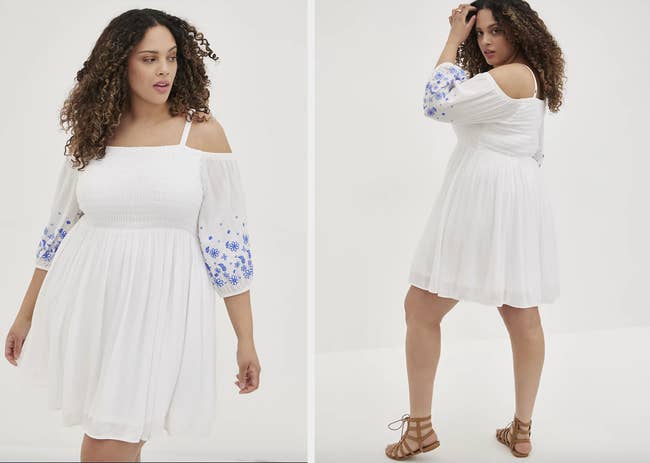collage, front and side view of model wearing cold shoulder white dress with blue floral sleeve decal