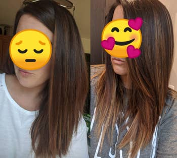 Reviewer with before and after pic showing hair shinier and swoopier 
