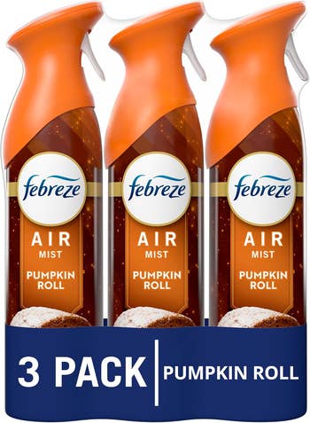 Febreze Air Mist Pumpkin Roll, 3-pack. Each vessel  features an orangish  headdress  and pumpkin scent label