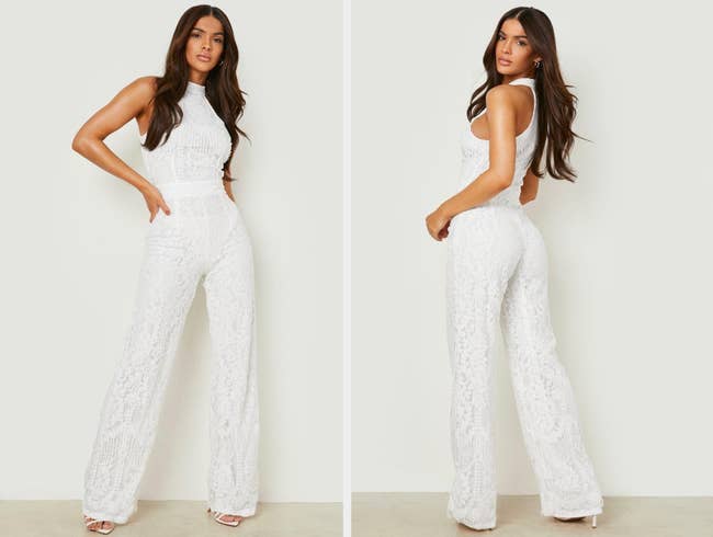 Two images of a model wearing white jumpsuit