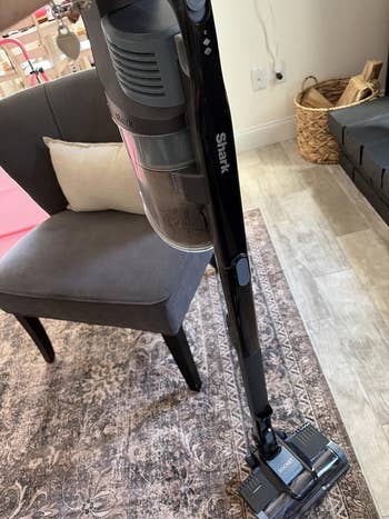 A cordless vacuum cleaner stands upright connected a patterned rug successful a surviving country with a seat and handbasket disposable successful the background