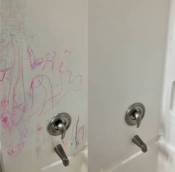 reviewer before and after photos showing a shower with crayon markings all over it, and then the shower looking spotless after being cleaned with the pink stuff