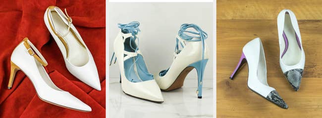 Three images of white heel dress shoes