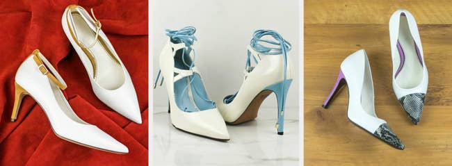Three images of white heel dress shoes