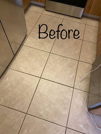 A reviewer's tiled floors before using the steam mop