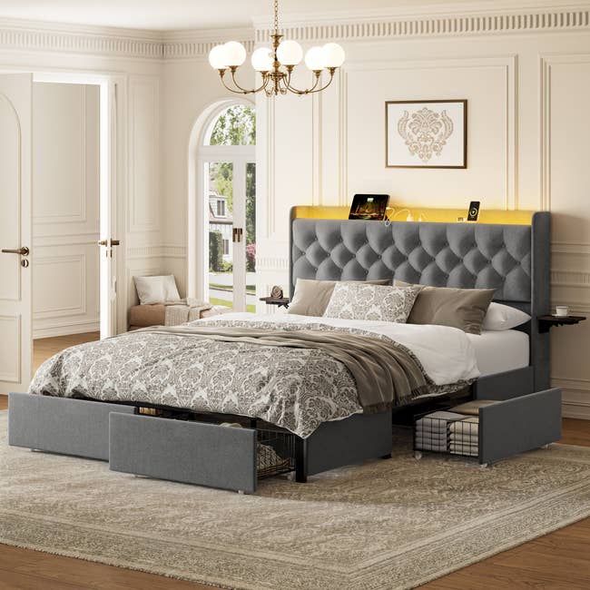 Elegant chamber  with a tufted headboard furniture  featuring built-in drawers and shelves, showcasing modern   retention  solutions for stylish living